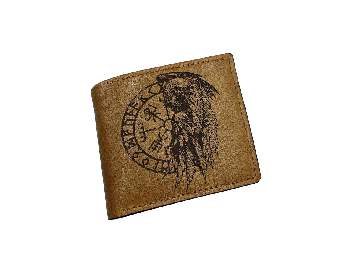 Raven Vegvísir Leather Wallet: Norse Viking Compass Engraved