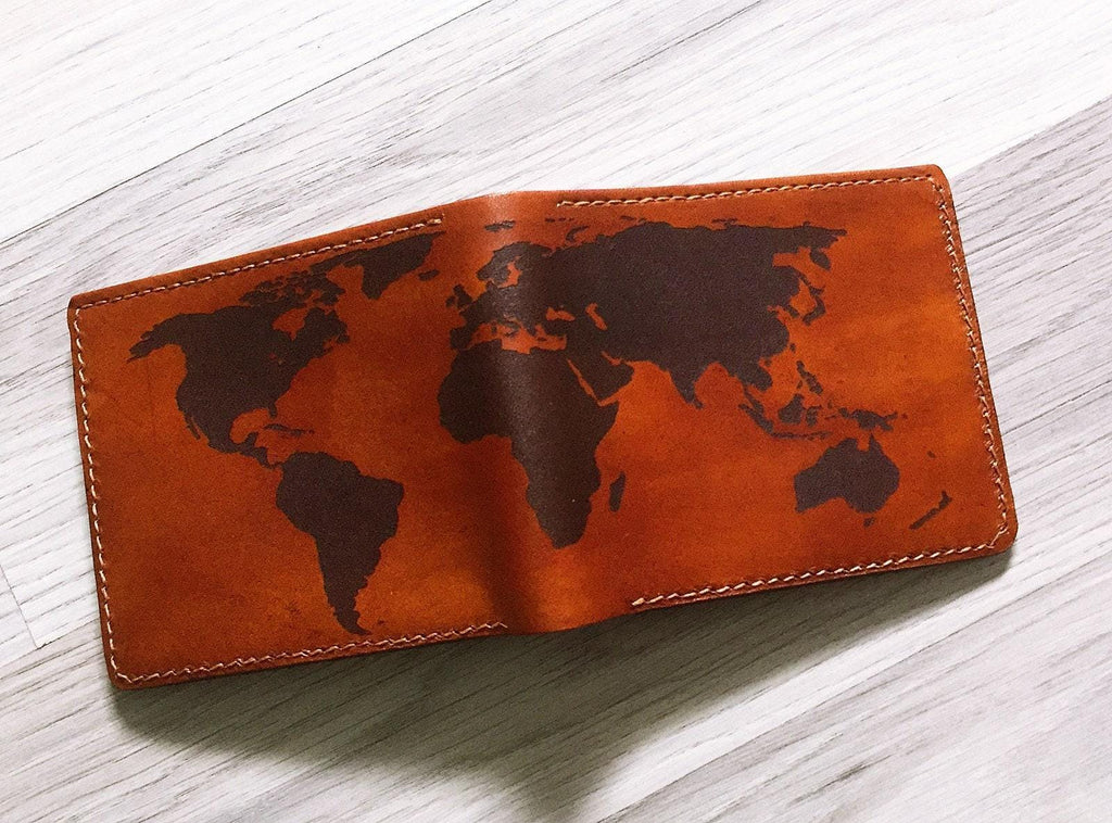 Personalized World Map Leather Wallet, RFID Blocking, Handmade