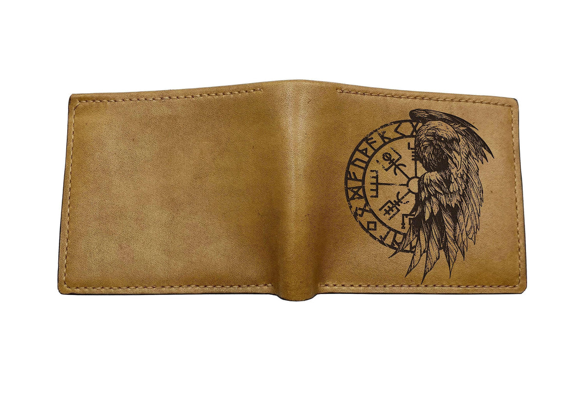 Raven Vegvísir Leather Wallet: Norse Viking Compass Engraved