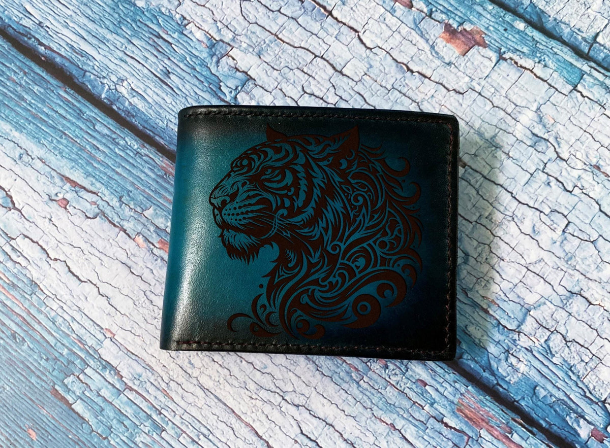 Engraved Tiger Leather Wallet: Handmade Animal Big Cat Gift