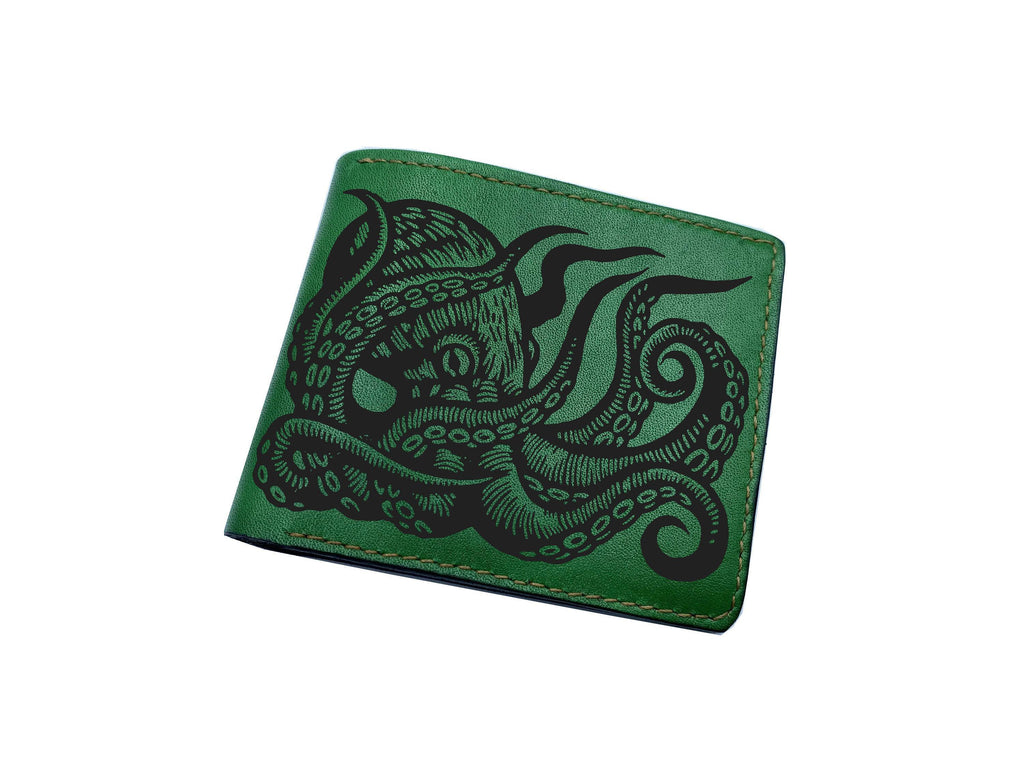 Kraken Leather Wallet, Ship and Monster Art, Gift for Dad