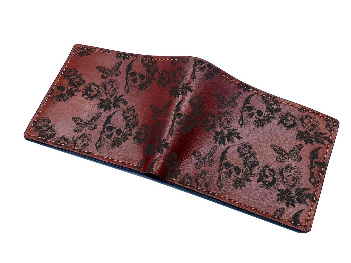 Personalized Leather Wallet: Butterfly Skull Pattern, Horror Style