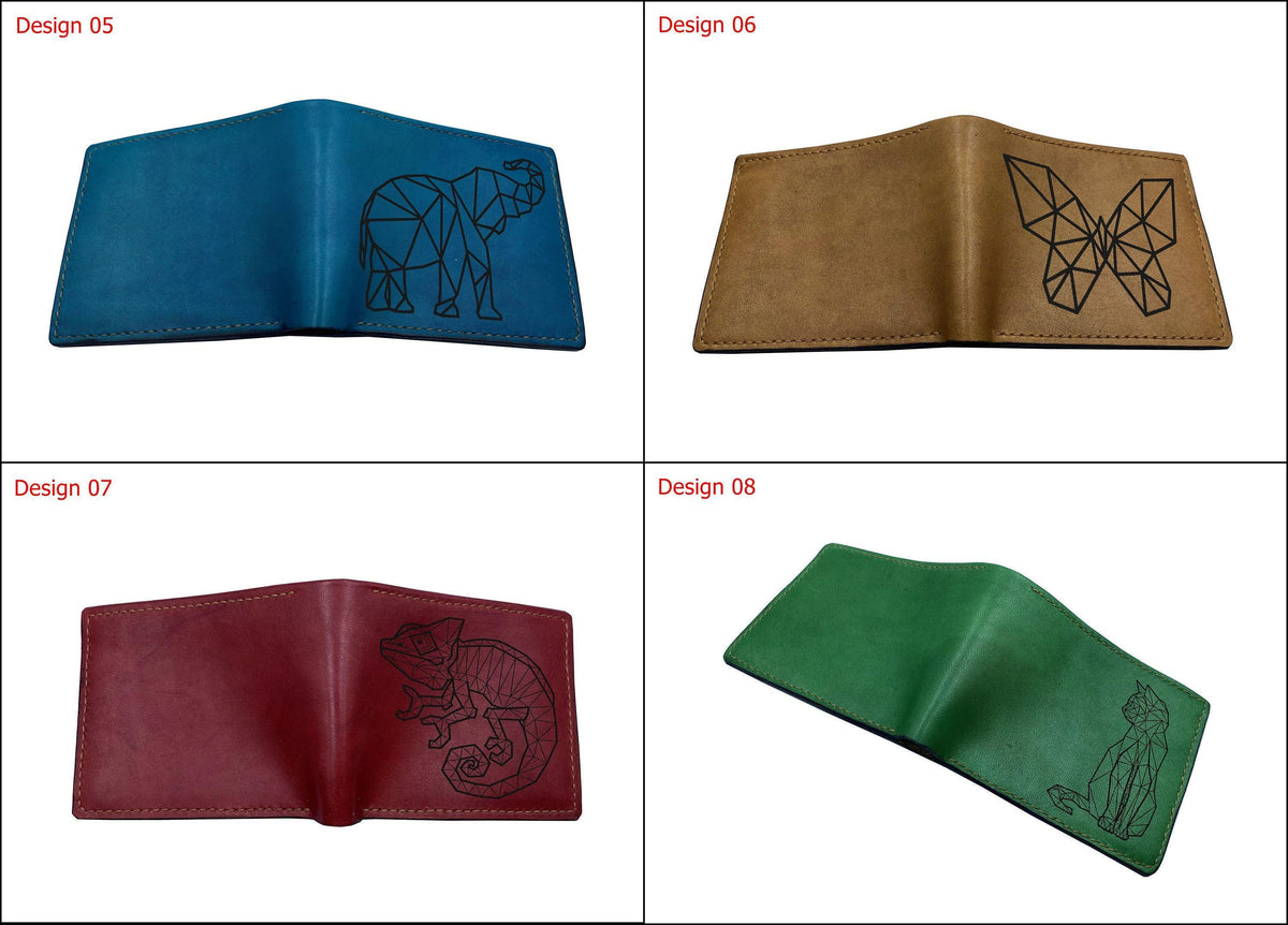 Custom Engraved Leather Wallet: Geometric Chameleon Art