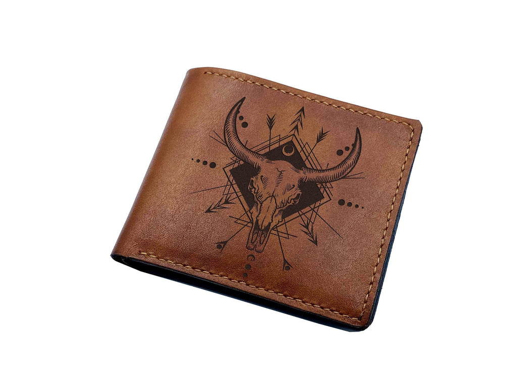 Personalized Leather Wallet, Bull Skull Art, Boho Chic Style, Gift for Men
