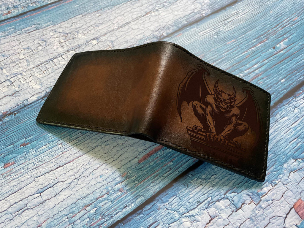 Handmade Leather Gargoyle Wallet: Engraved Bifold, Monster Style