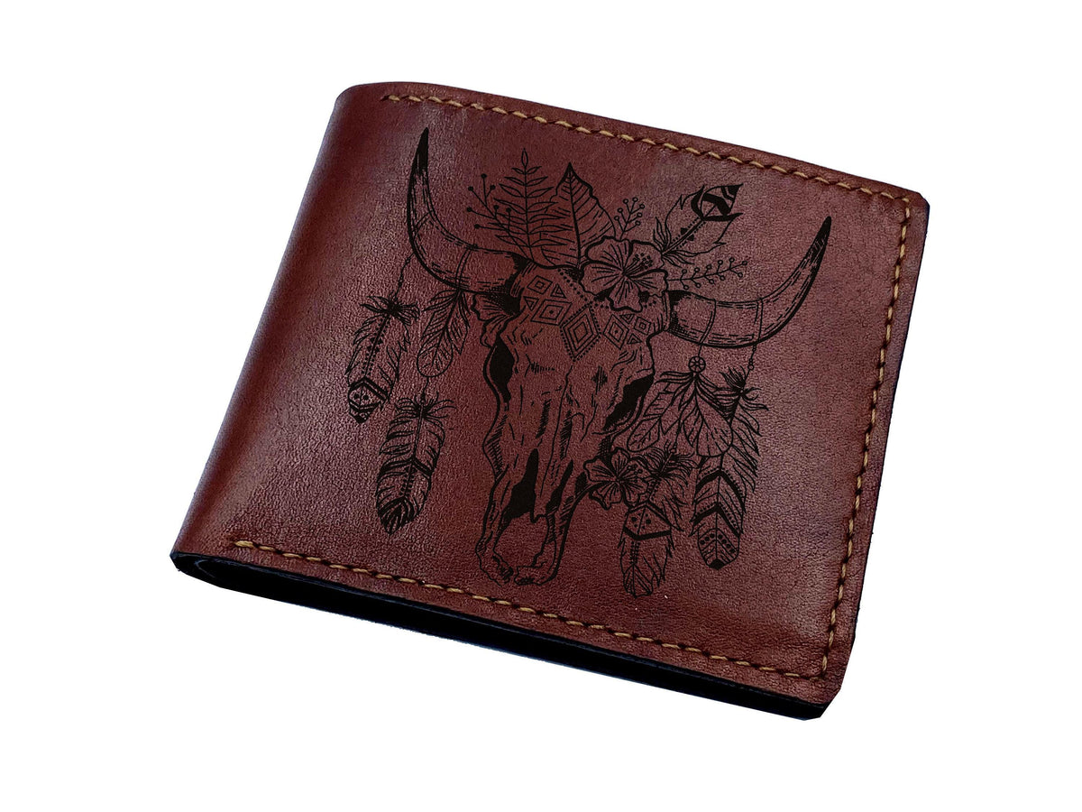 Personalized Leather Wallet, Bull Skull Art, Boho Chic Style, Gift for Men