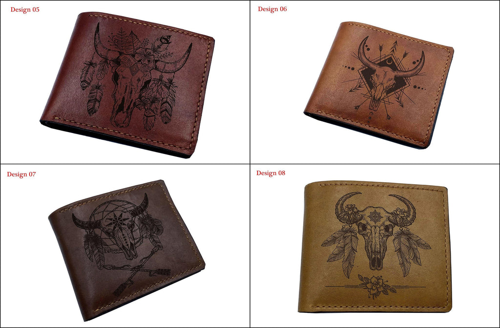 Personalized Leather Wallet, Bull Skull Art, Boho Chic Style, Gift for Men