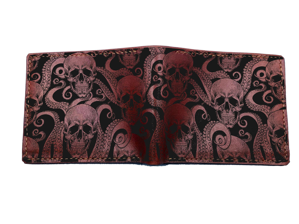 Handmade Leather Men's Wallet: Skull Octopus Pattern, Horror Gift