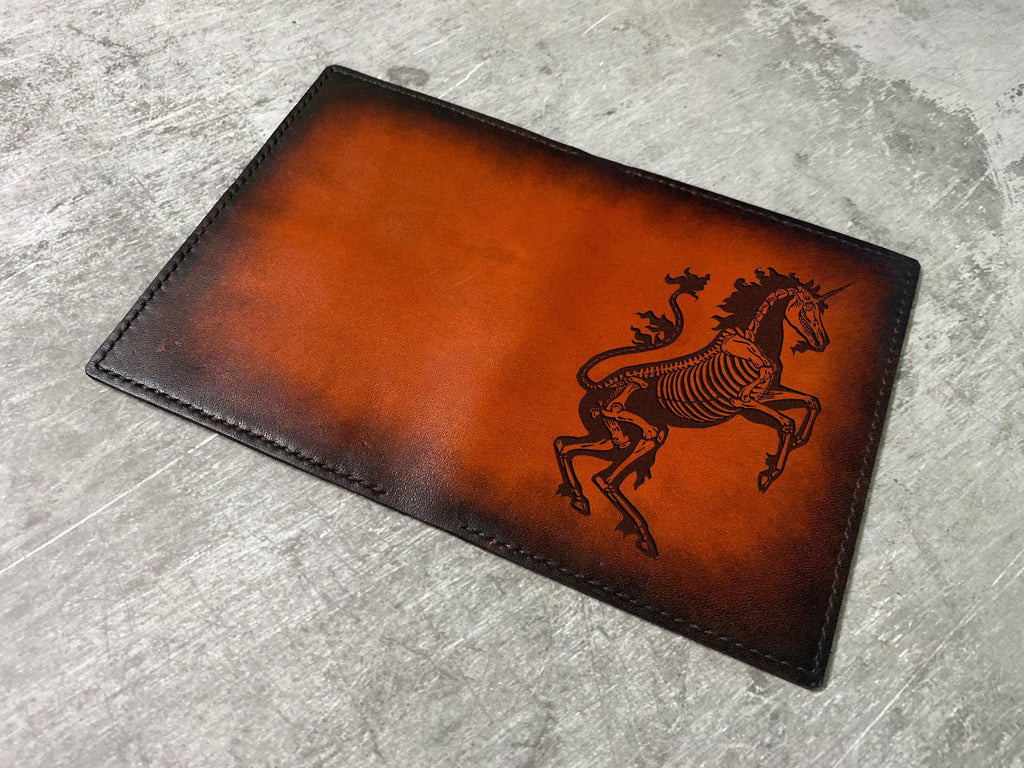 Handmade Leather Passport Wallet: Horse Unicorn Skeleton Travel Case