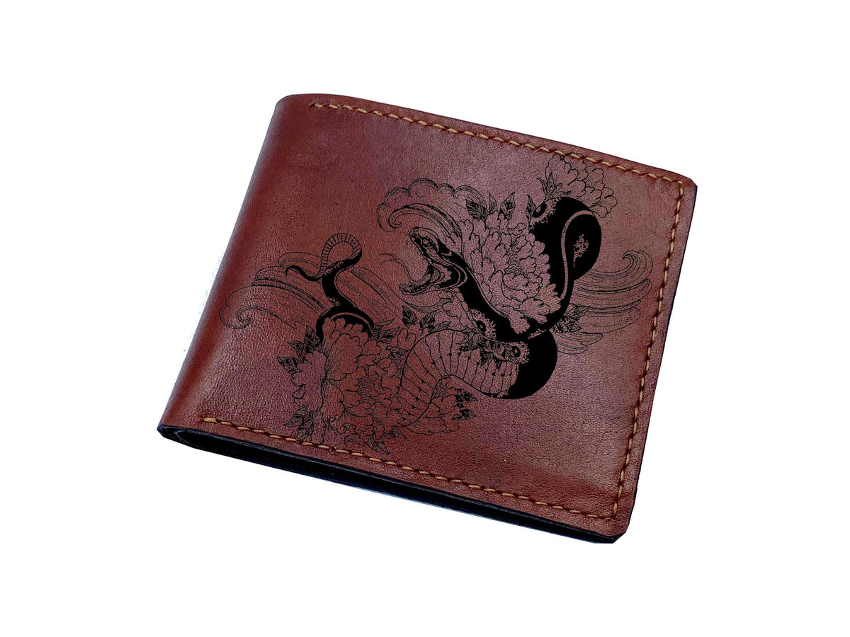 Personalized Leather Wallet, Handmade Snake Animal Pattern, RFID Blocking