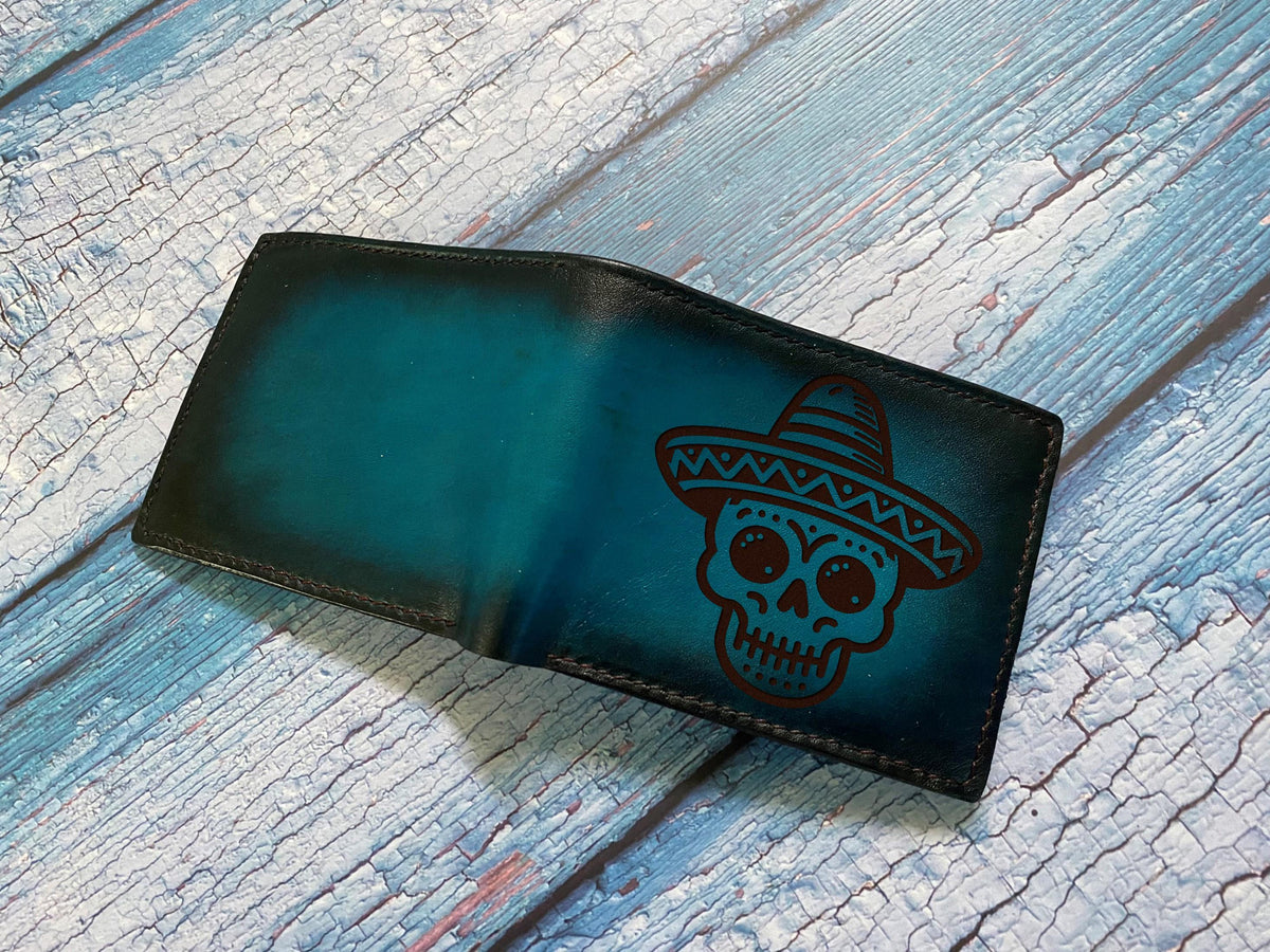 Skull Leather Bifold Wallet: Mexican Style, Custom Engraved