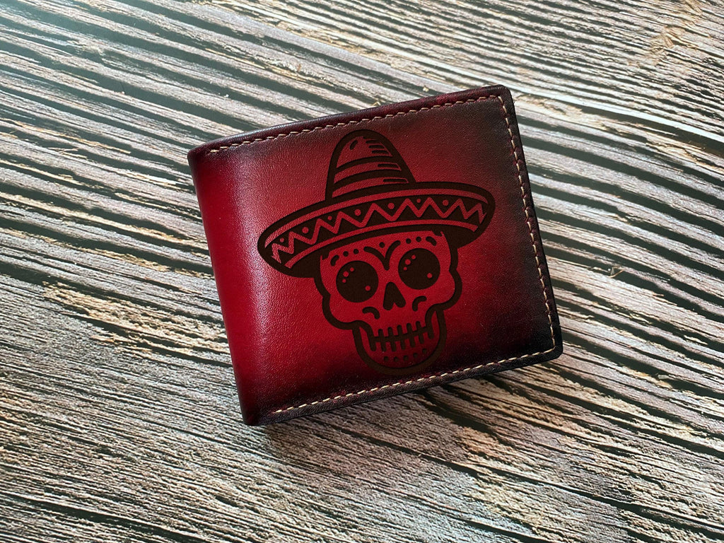 Skull Leather Bifold Wallet: Mexican Style, Custom Engraved