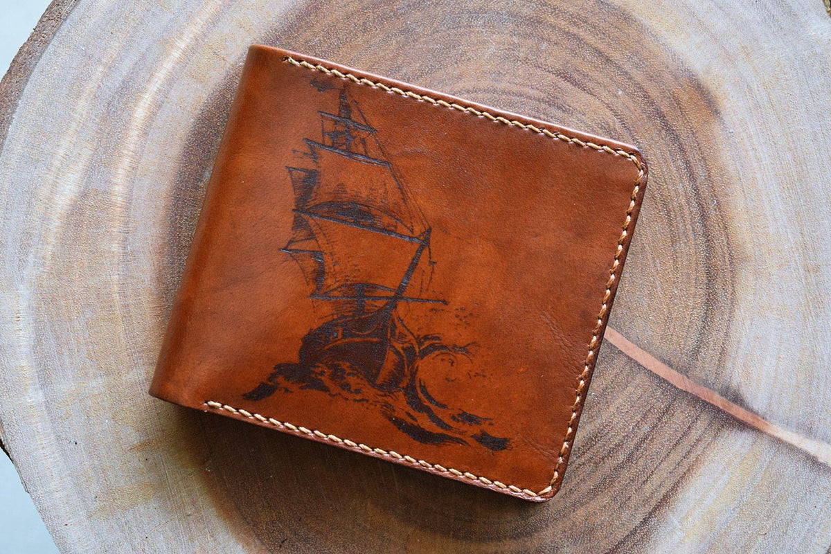 Sailing Ship Leather Wallet, Ocean Sea Design, RFID, Personalized Gift