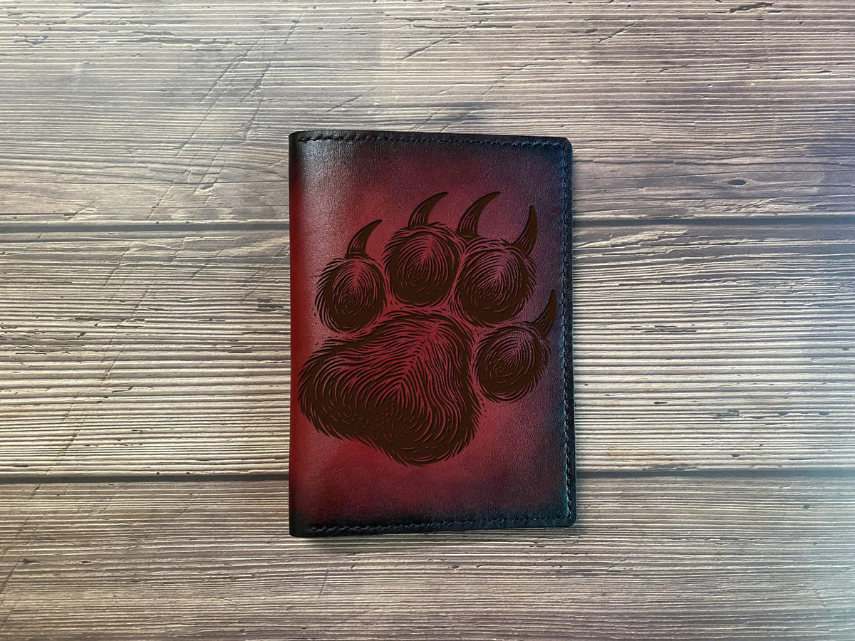 Engraved Bear Paw Leather Passport Wallet: Handmade Travel Gift