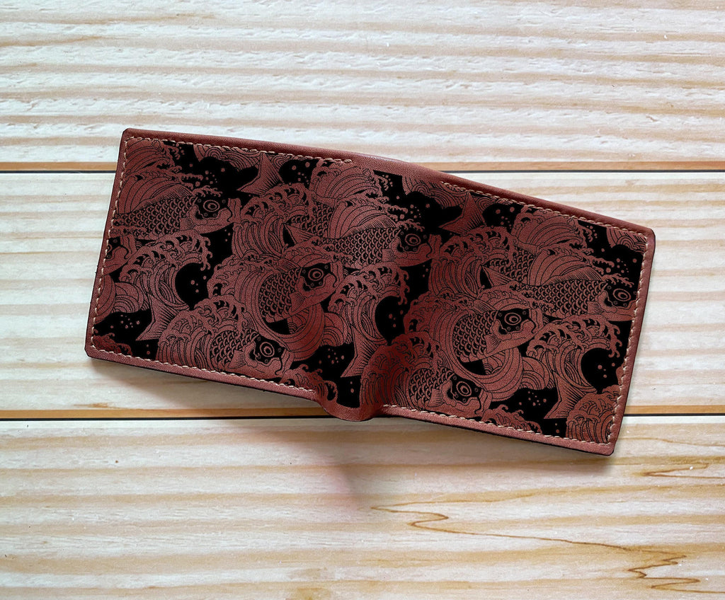 Custom Leather Wallet: Green Daisy Pattern, Japanese Art