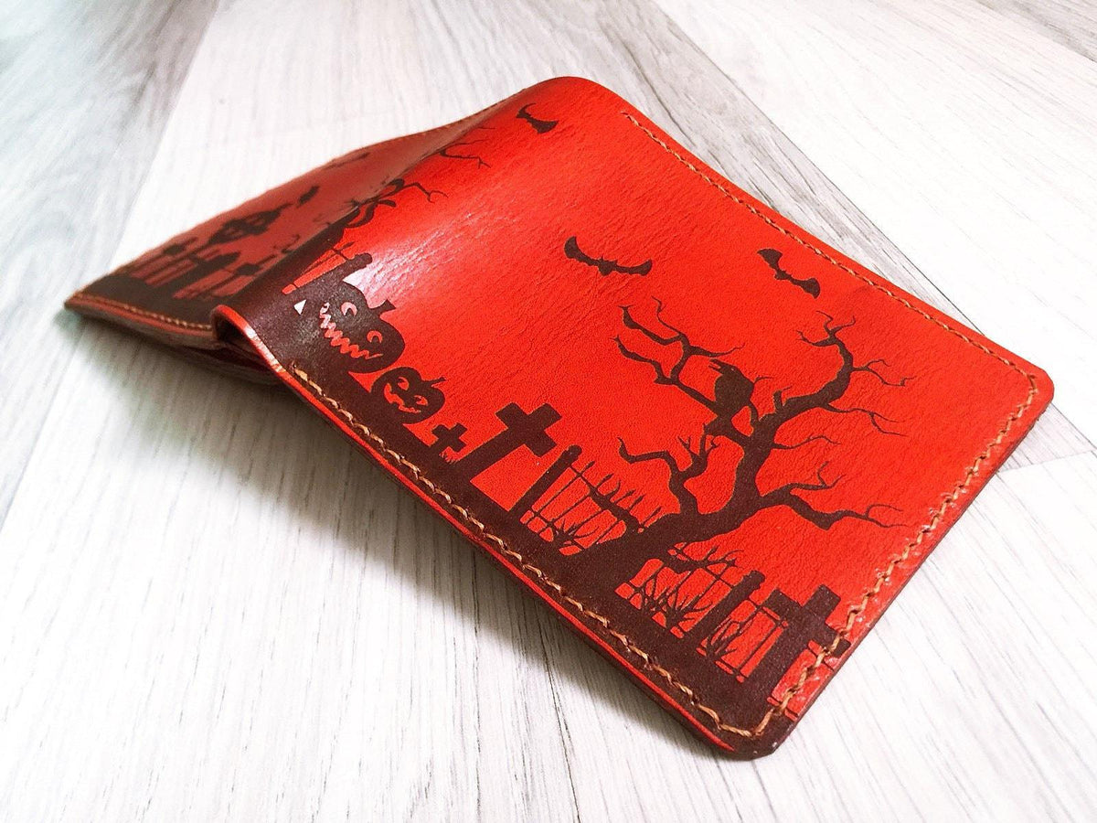 Personalized Halloween Leather Wallet, Ghost House, Gift for Men