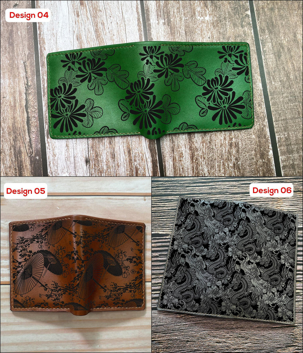 Custom Leather Wallet: Green Daisy Pattern, Japanese Art
