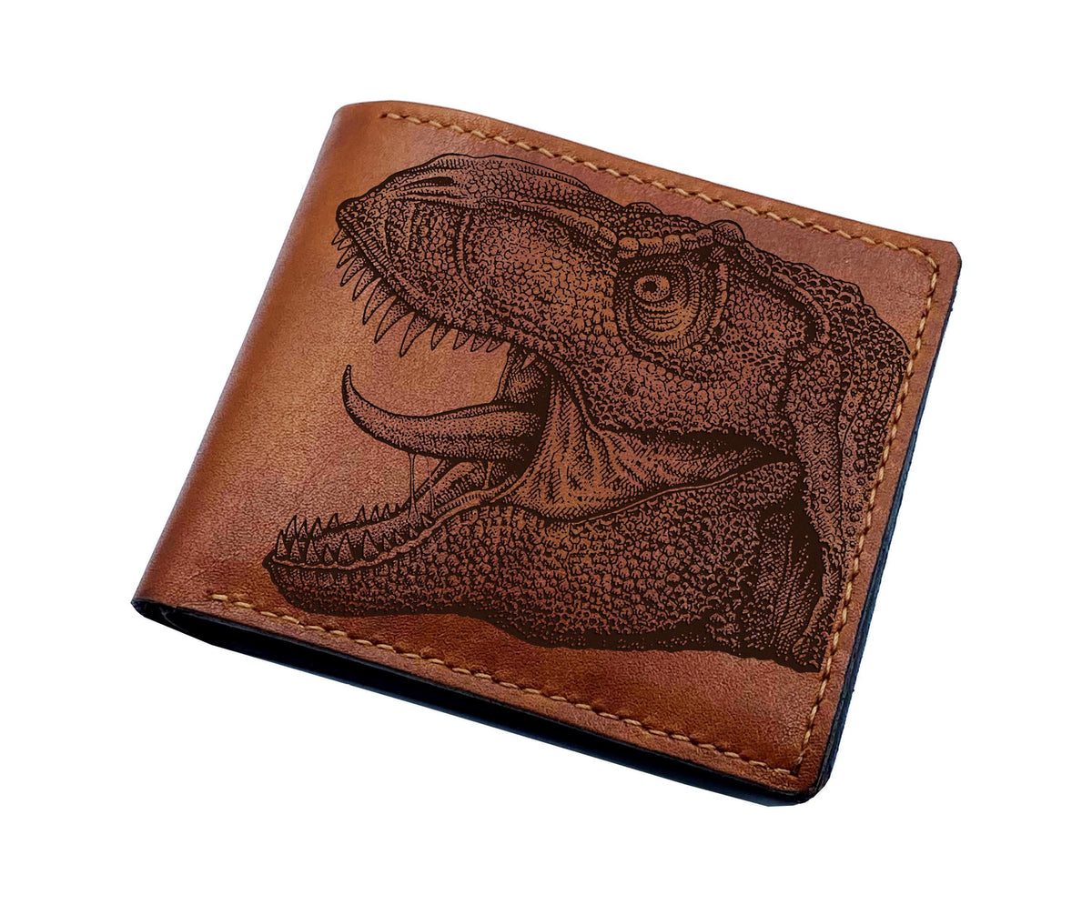 Engraved T-Rex Leather Wallet, Dinosaur Wallet, Handmade