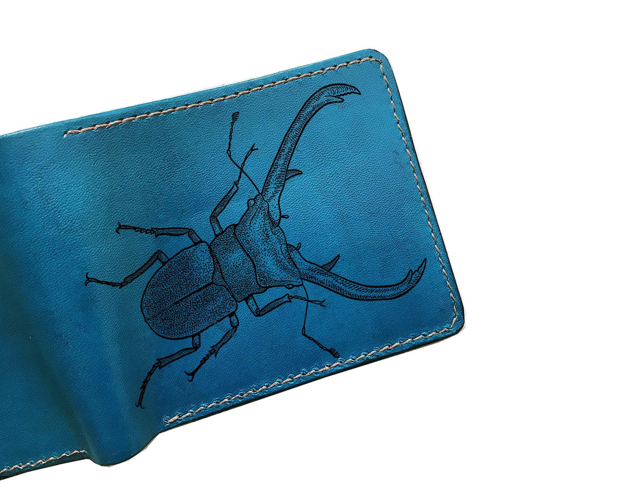 Handmade Leather Bifold Wallet: Stag Beetle Art, custom insect pattern engrave gift