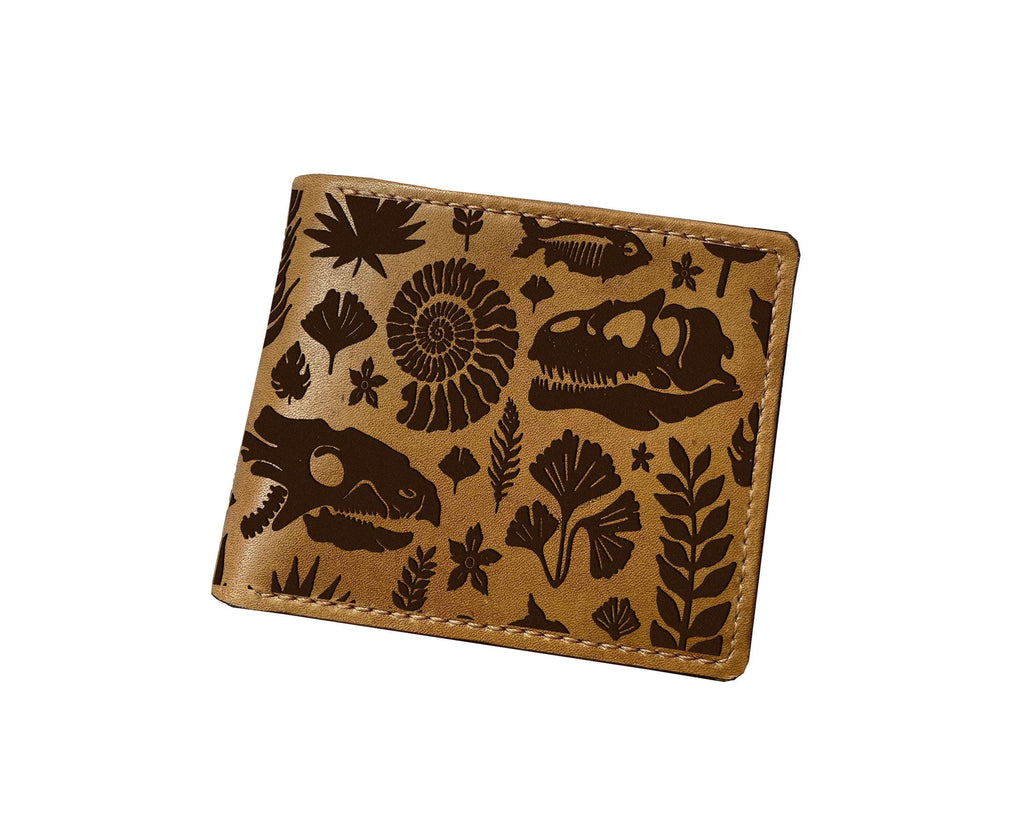 Dinosaur Fossil Engraved Leather Wallet - Handmade Veg-Tan