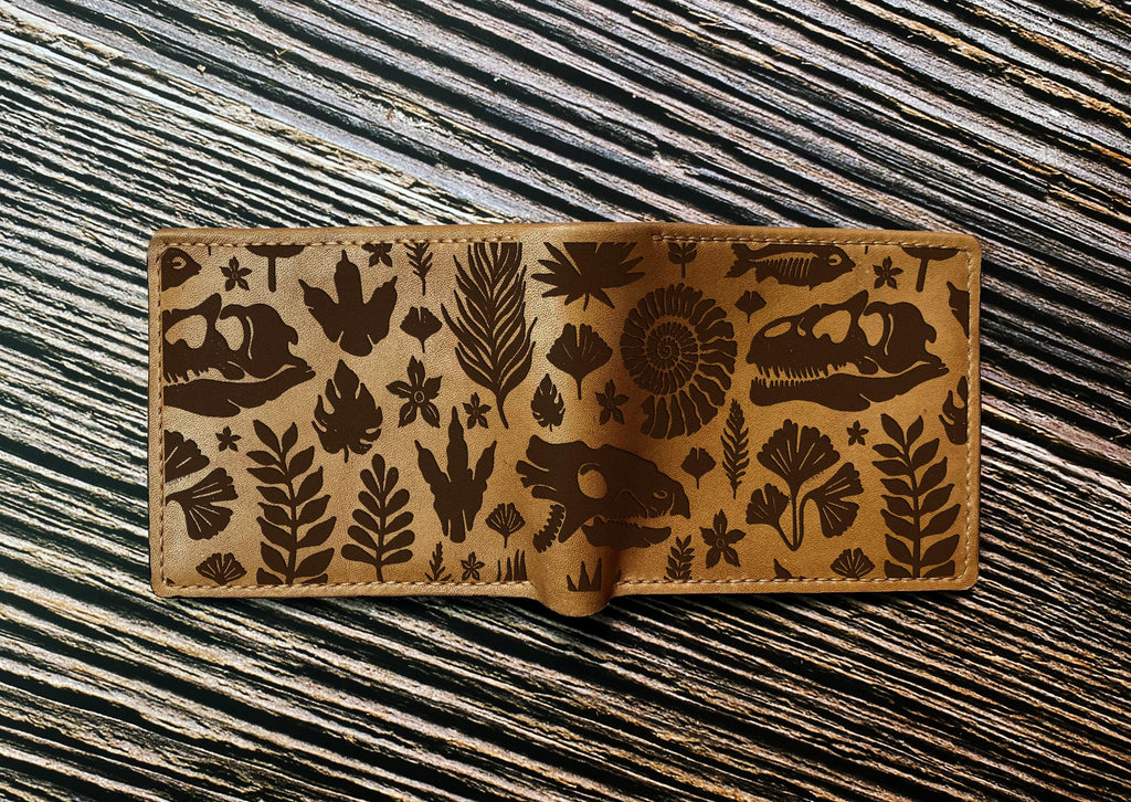 Dinosaur Fossil Engraved Leather Wallet - Handmade Veg-Tan