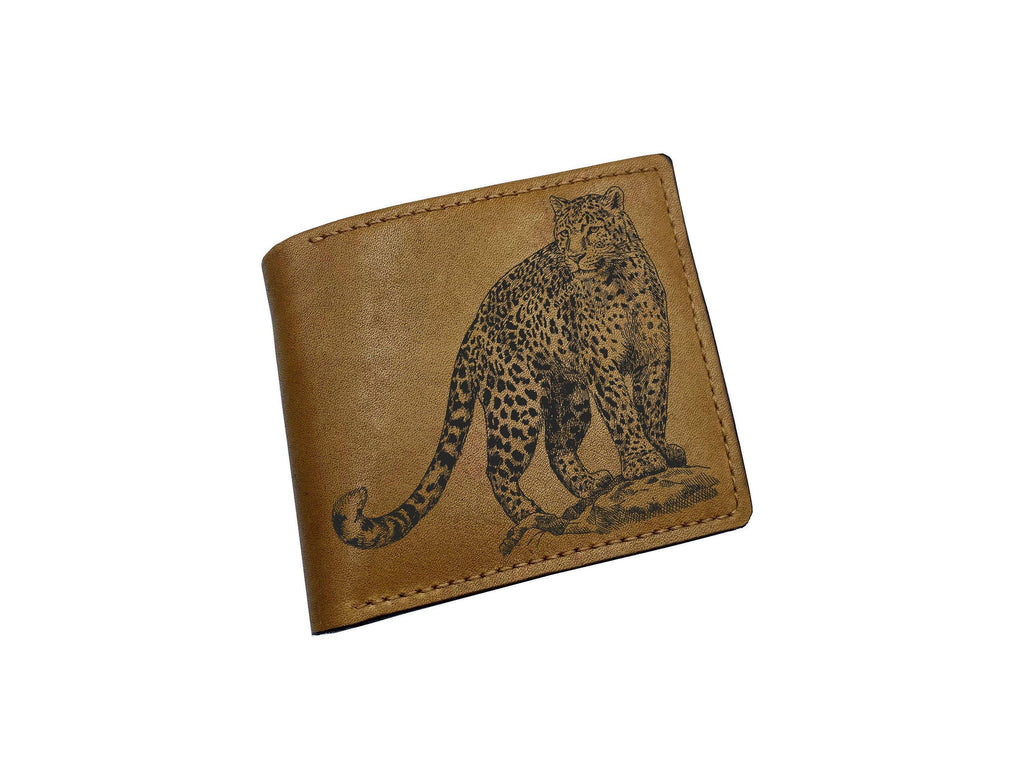 Leopard Drawing Art Wallet, Genuine Leather, Big Cat Lover Gift