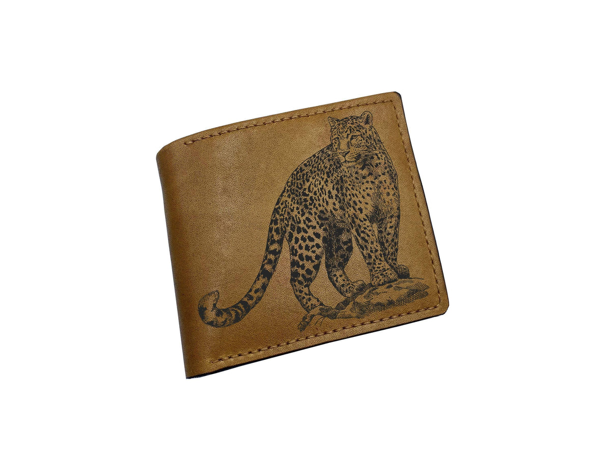 Leopard Drawing Art Wallet, Genuine Leather, Big Cat Lover Gift