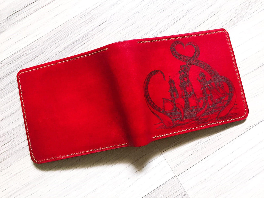 Personalized Kraken Leather Wallet, Handmade RFID Blocking, Anniversary Gift