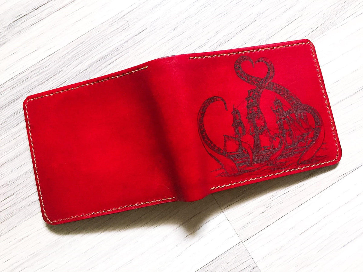 Personalized Kraken Leather Wallet, Handmade RFID Blocking, Anniversary Gift