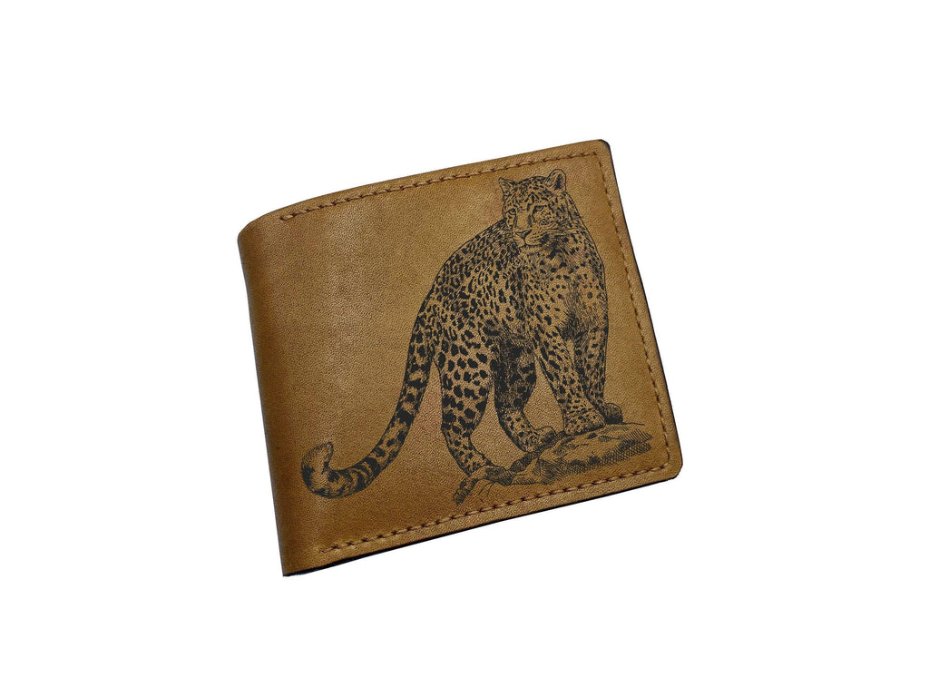 Personalized Leather Wallet, Engraved Leopard Art, Handmade