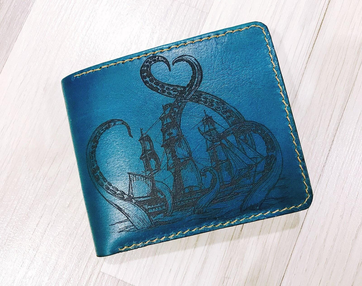 Personalized Kraken Leather Wallet, Handmade RFID Blocking, Anniversary Gift