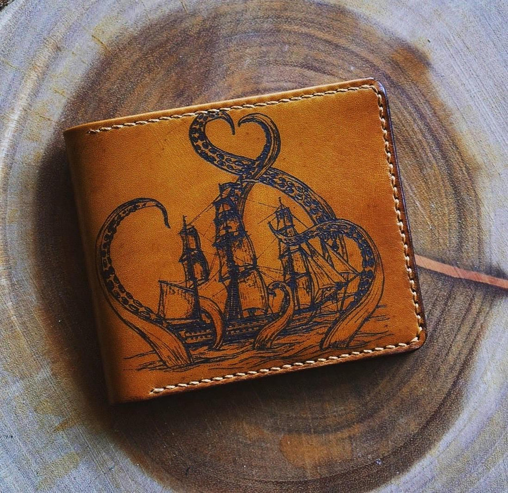 Personalized Kraken Leather Wallet, Handmade RFID Blocking, Anniversary Gift