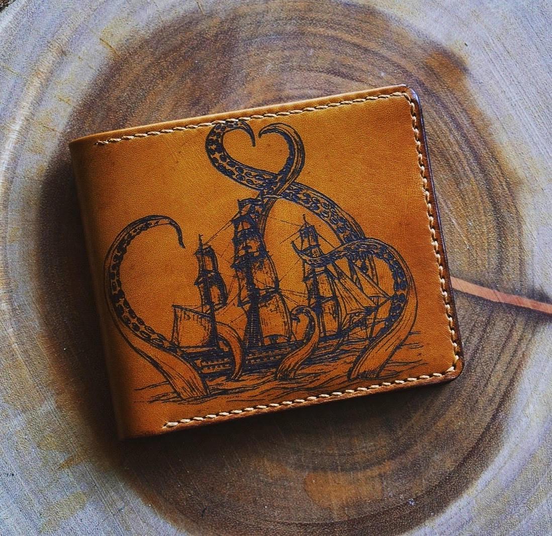 Personalized Kraken Leather Wallet, Handmade RFID Blocking, Anniversary Gift