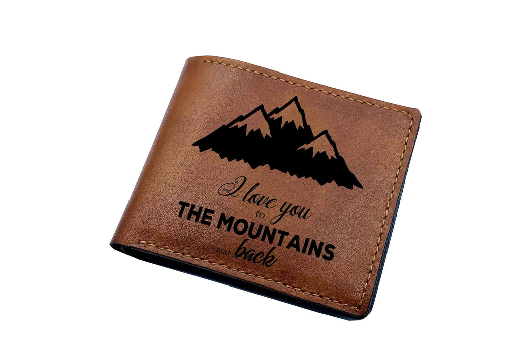 Personalized Leather Wallet, Engraved Mountain Design, Anniversary Gift