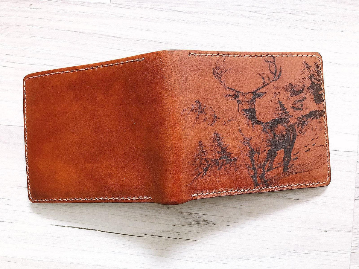 Personalized Leather Wallet, Handmade Deer Design, Gift for Men