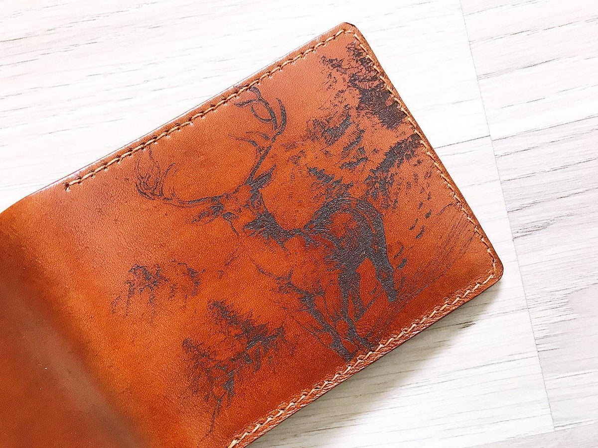 Personalized Leather Wallet, Handmade Deer Design, Gift for Men