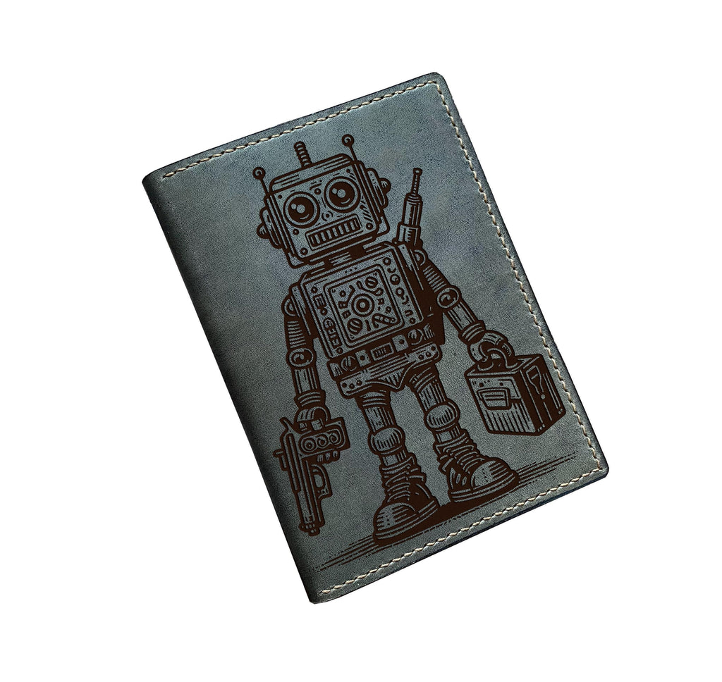Engraved Robot Leather Bifold Wallet: Android Travel Case