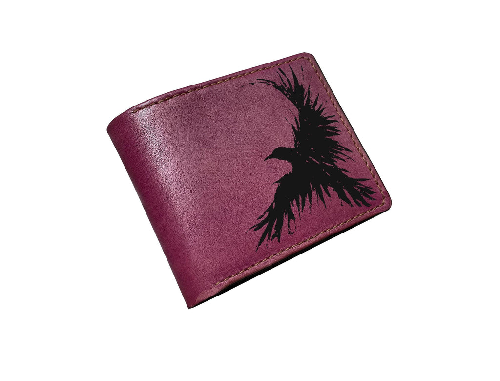 Custom Leather Raven Wallet, Engraved Bird Art, Celtic Gift