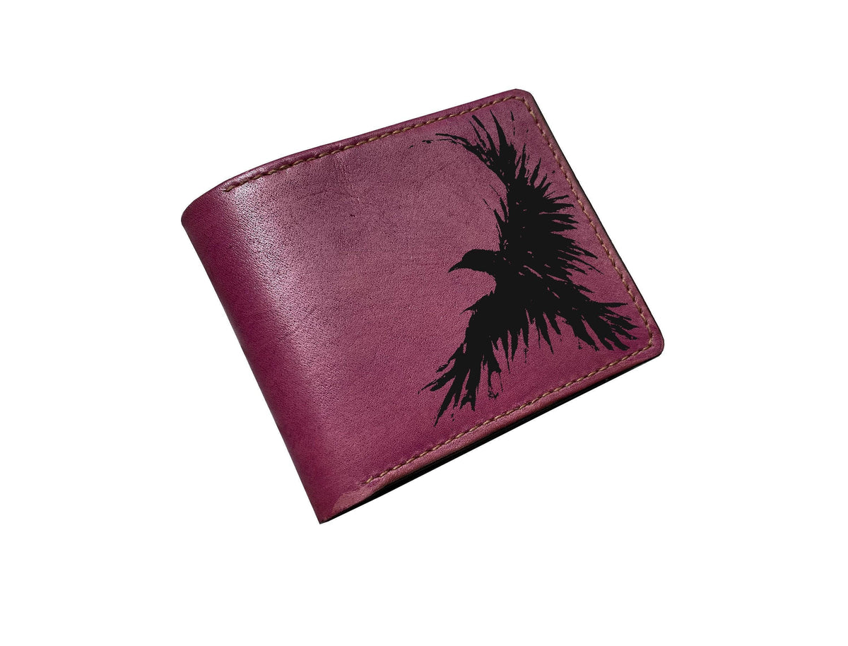 Custom Leather Raven Wallet, Engraved Bird Art, Celtic Gift