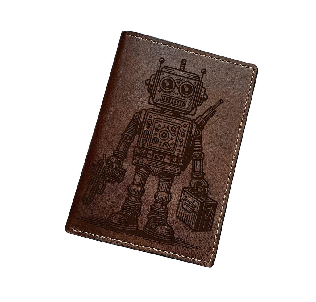 Engraved Robot Leather Bifold Wallet: Android Travel Case
