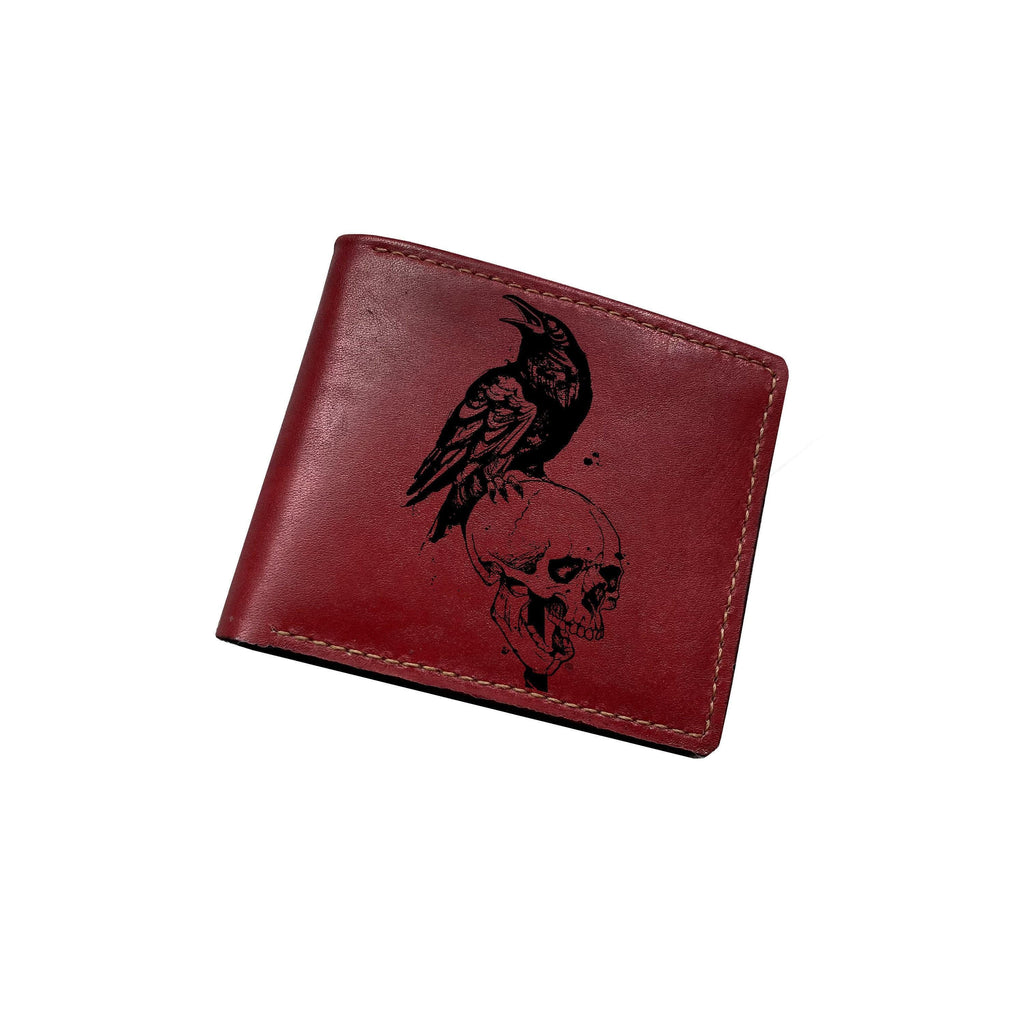 Custom Leather Raven Wallet, Engraved Bird Art, Celtic Gift
