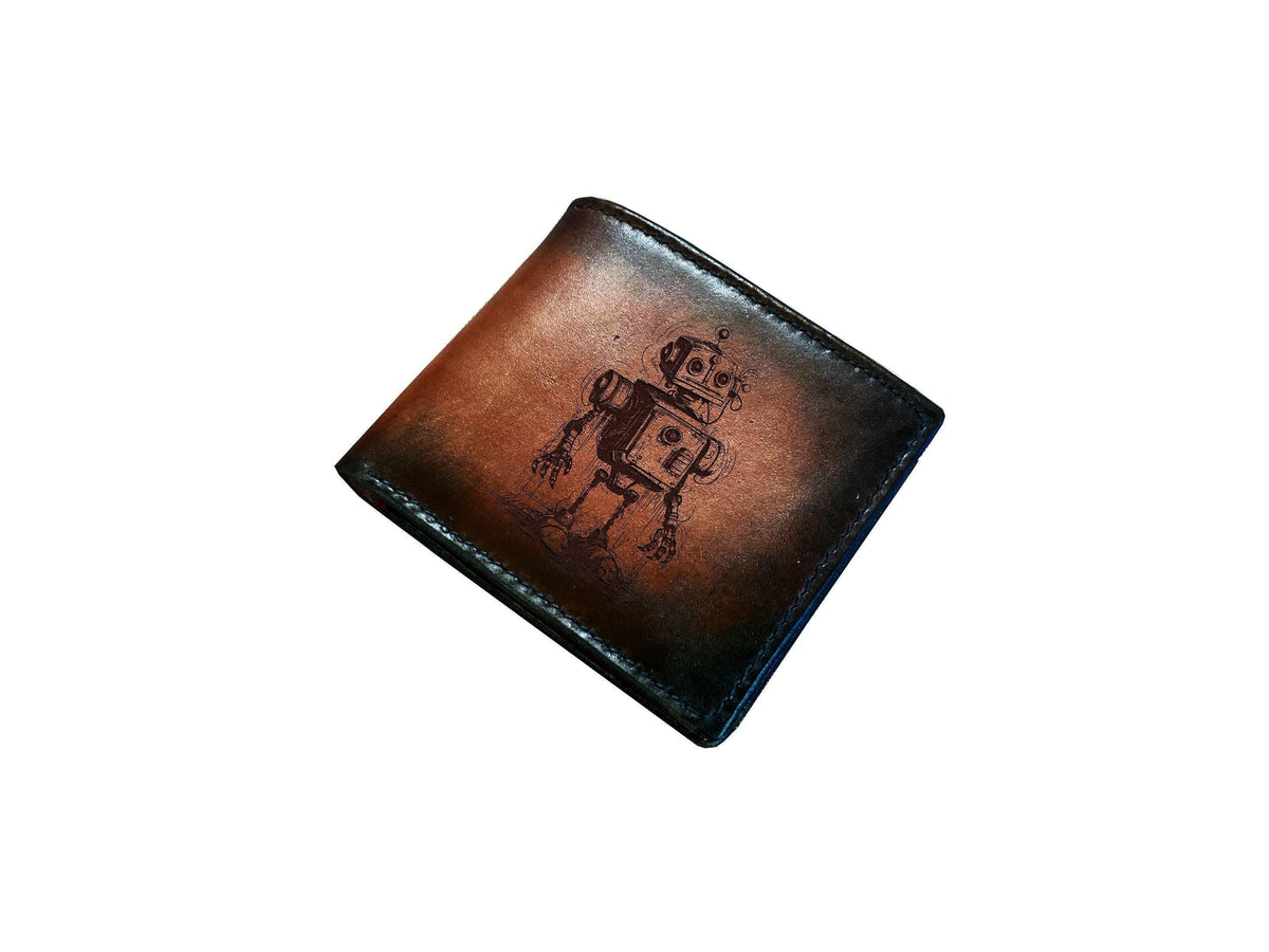 Robot Art Leather Wallet: Custom Engraved Android Gift