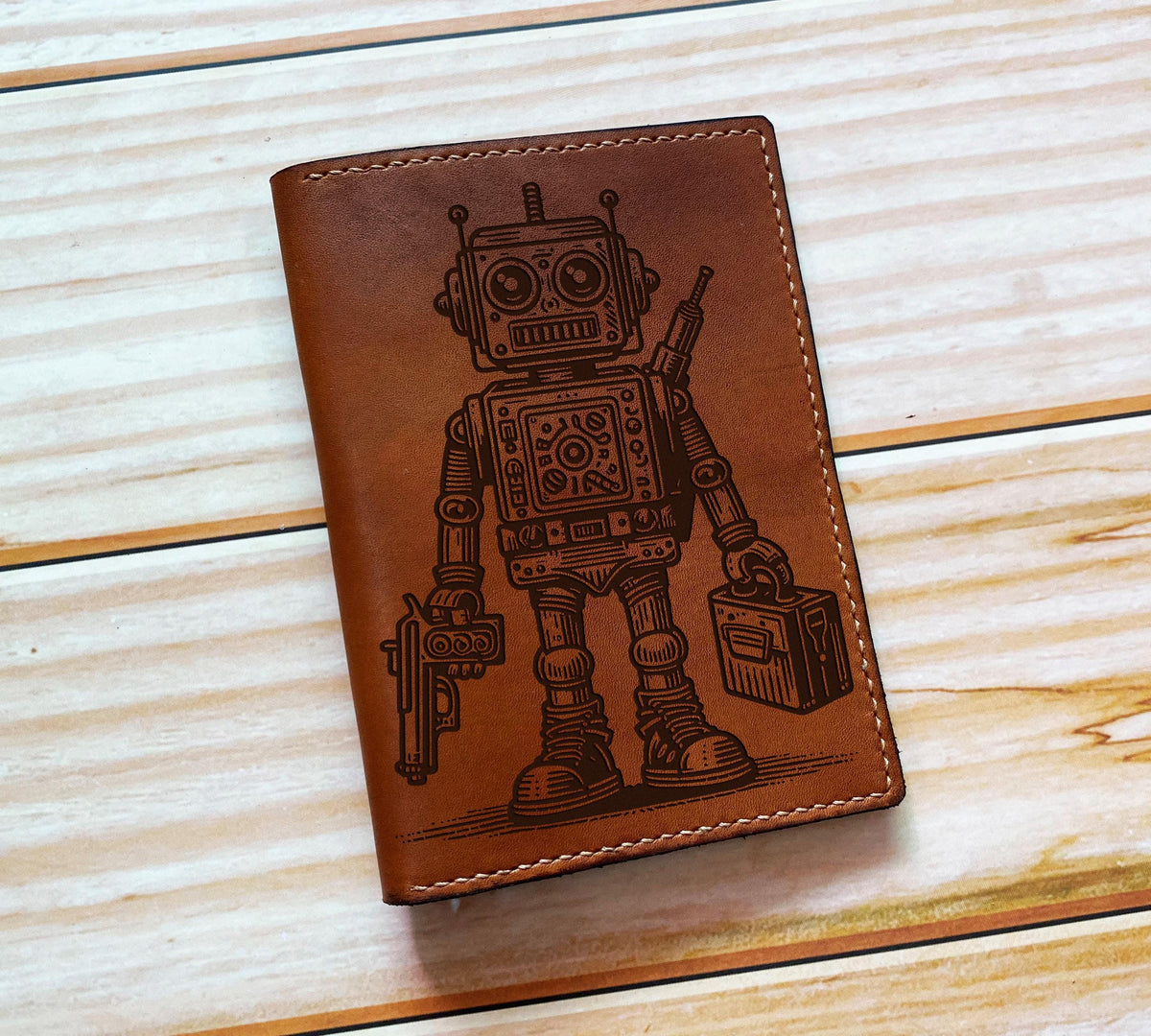 Engraved Robot Leather Bifold Wallet: Android Travel Case