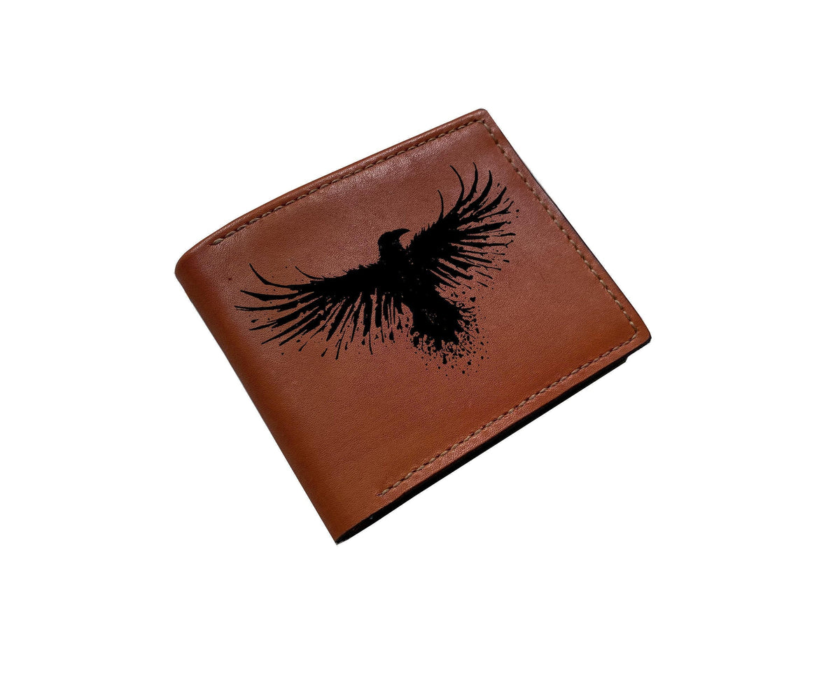 Custom Leather Raven Wallet, Engraved Bird Art, Celtic Gift