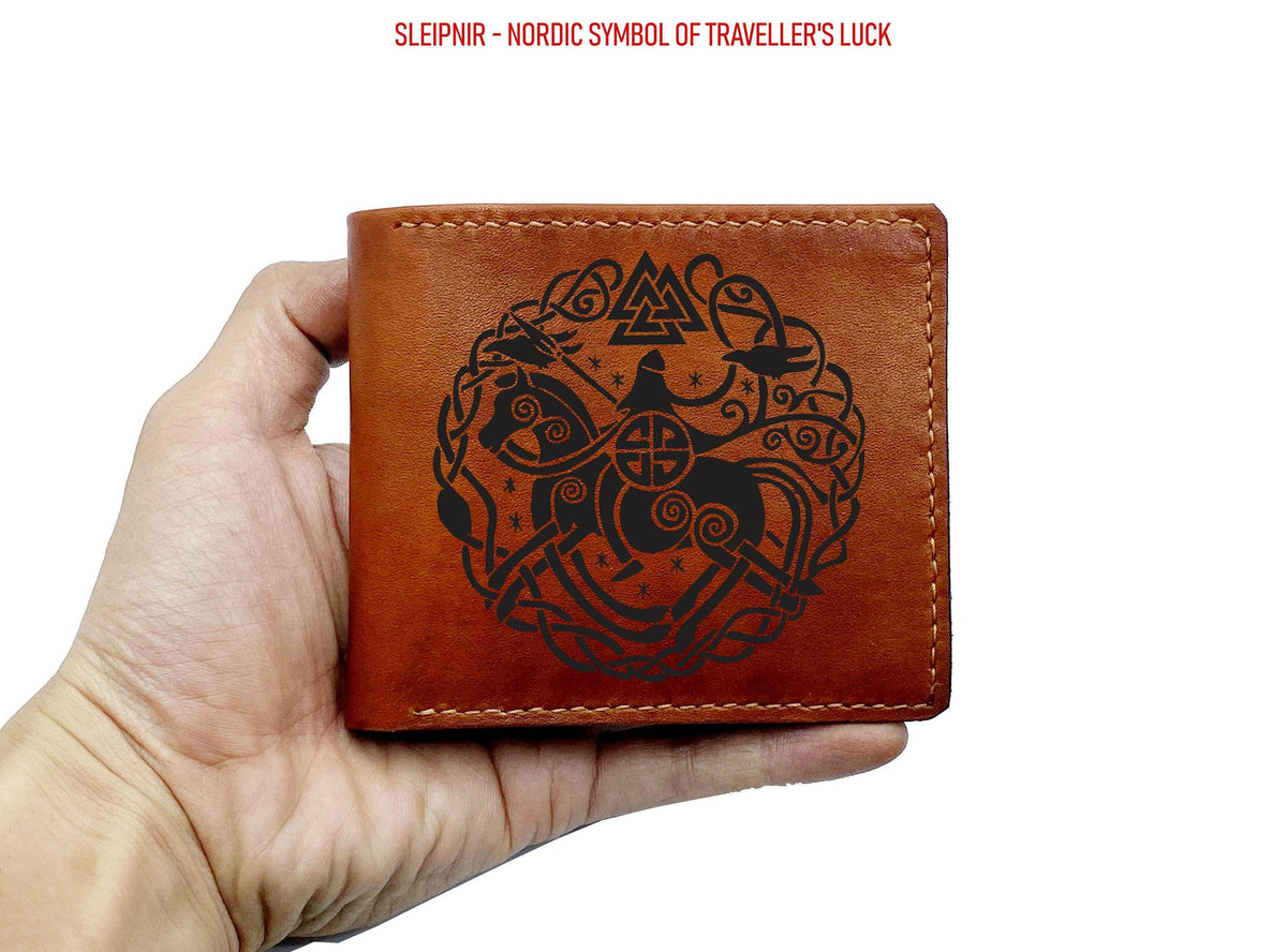 Personalized Leather Wallet: Viking Celtic Compass, Ancient Runes