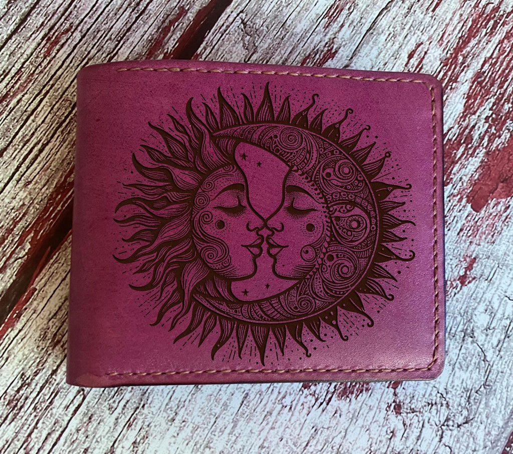 Handmade Leather Wallet, Moon and Sun Engraved Design, Anniversary Gift