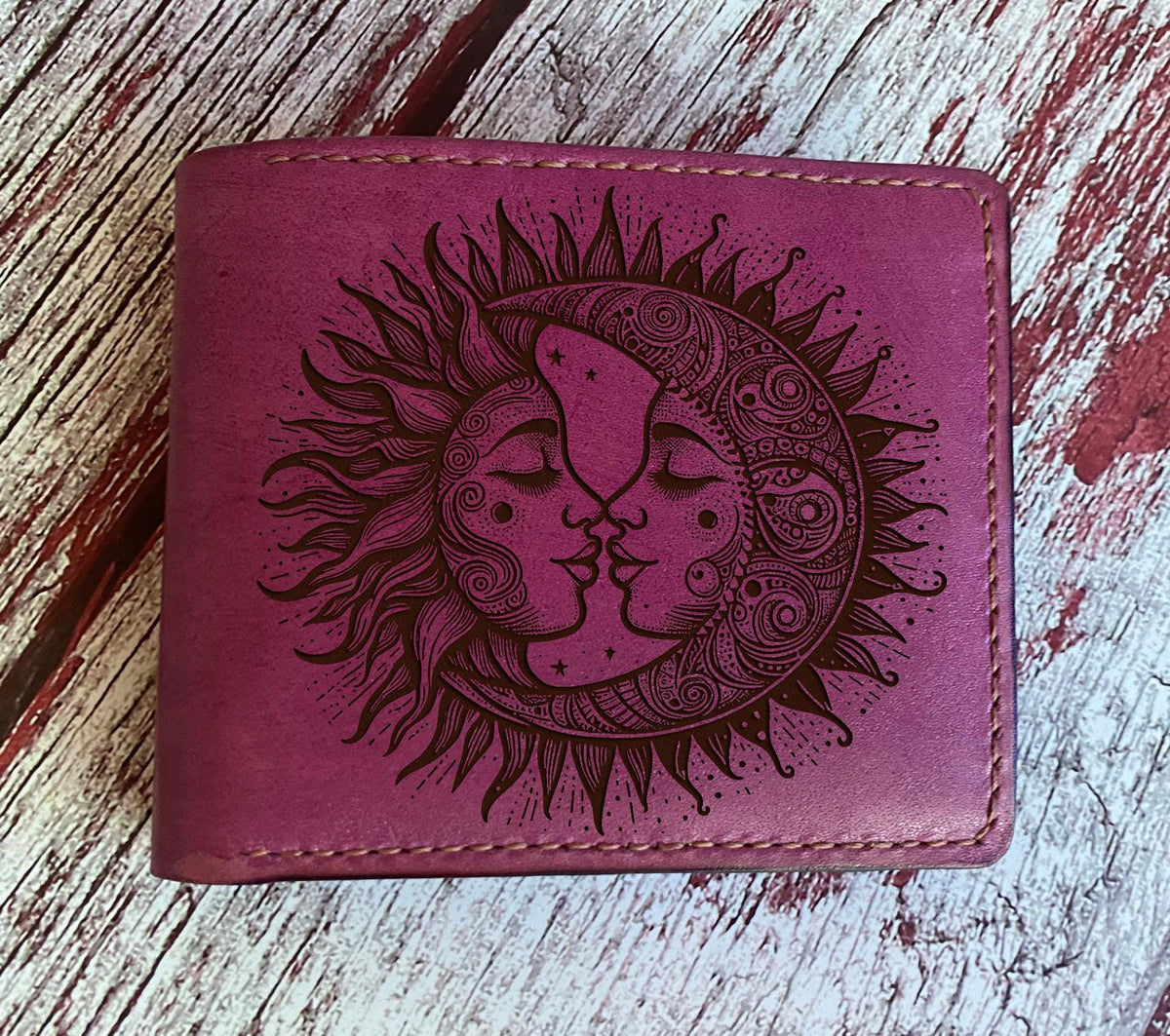 Handmade Leather Wallet, Moon and Sun Engraved Design, Anniversary Gift