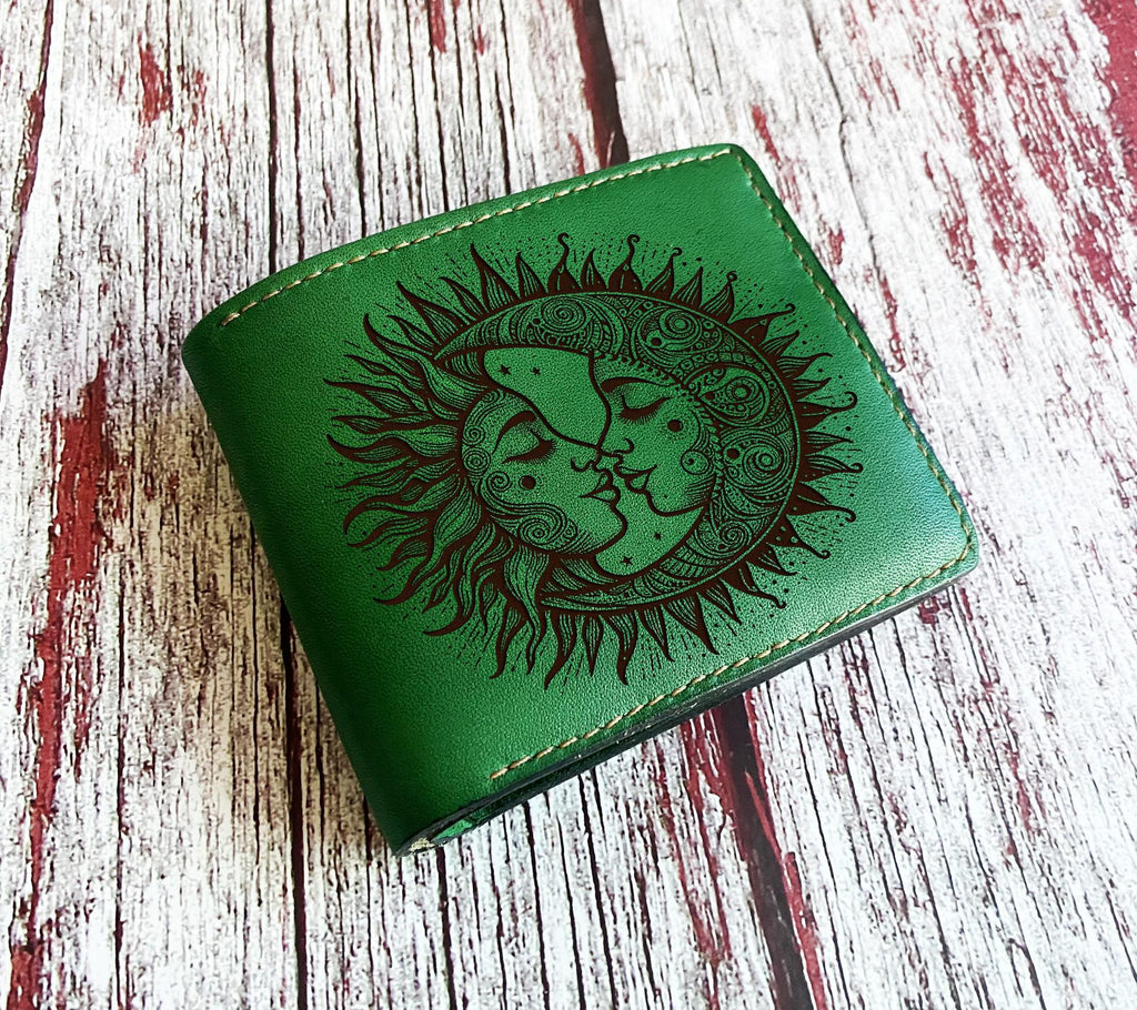 Handmade Leather Wallet, Moon and Sun Engraved Design, Anniversary Gift