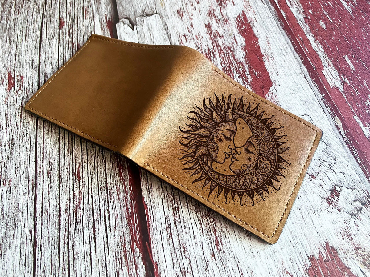 Handmade Leather Wallet, Moon and Sun Engraved Design, Anniversary Gift