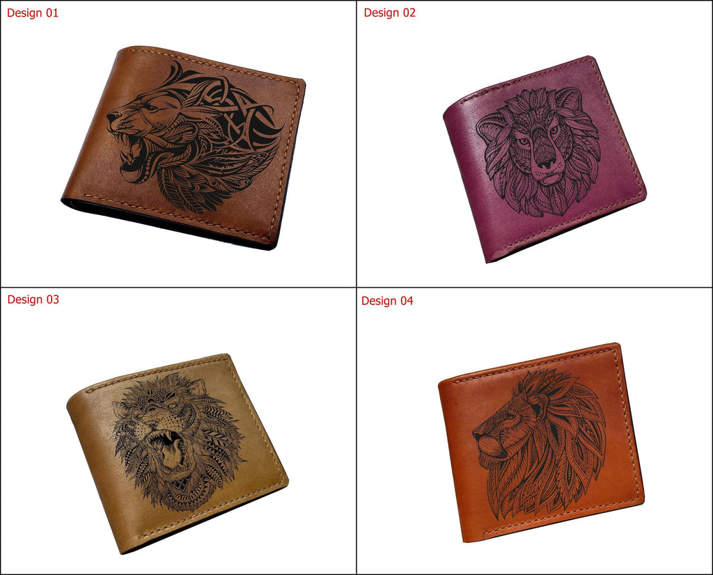 Personalized Leather Wallet: Handmade Lion Art, RFID Blocking